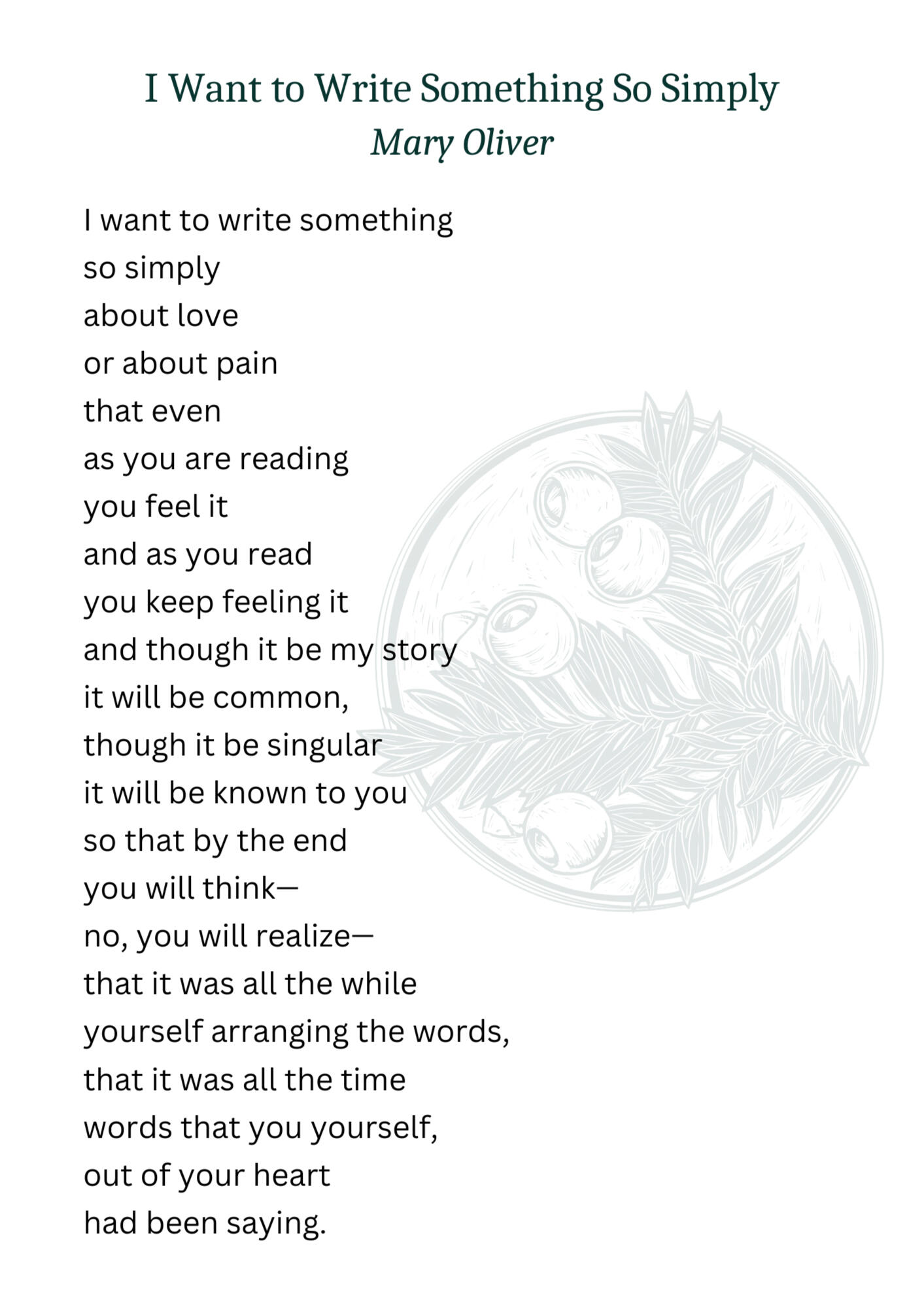 Image of Mary Oliver's poem "I Want to Write Something So Simply"
